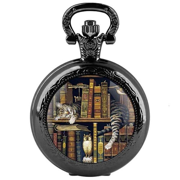 Exquisite Cat Book Design Glass Dome Quartz Pocket Watch with Rugged Chain Men Women Kids Unique Gift 26W01123