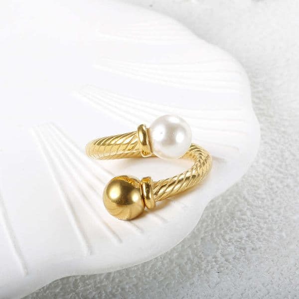 Hot-Selling Jewelry Simple Versatile Metal Style Electroplated 18K Gold Steel Wire Open Round Bead Pearl Ring