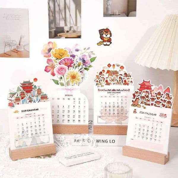 Wooden 2026 Desktop Detachable Base Floral Theme Bloomy Flowers Desk Calendar Vase Shaped Date Display 26Y0123