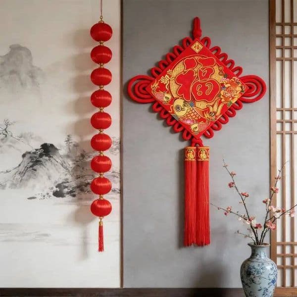 Velvety Fabric Chinese Knot Fu Character Wall Hanging Ornament for Door Window Entryway Decoration Festival Celebration 87HA