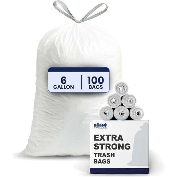 6 Gallon White Drawstring Trash Bags, 17x20 Inches, 100 Count - Leak-Proof & Tear-Resistant for Bathroom Kitchen Office Car 26W0123