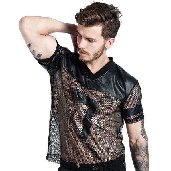 Sexy Men Fishnet T-Shirt PU Faux Leather Mesh Shirts See Through Tops Tee Transparent Short Sleeve Stage Clubwear 260120BJ