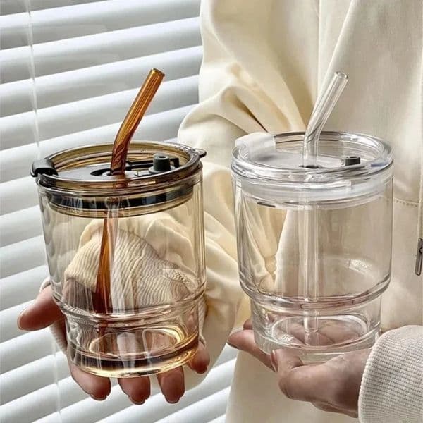 400450ml Coffee Mug Simple Stripe Glass Cup With Lid and Straw Transparent Bubble Tea Cup Juice Milk Mocha Cups Breakfast Mug 260121