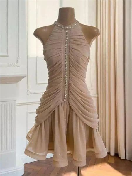 French Women Khaki Diamond Elegant Sleeveless Pleated Halter Short Dress Summer Sexy Club Off Shoulder Slim Mini Dresses 260109BJ