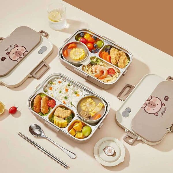 Capybara 304 Stainless Steel Container Set 4/5 Grids Student Kids Portable Lunch Box With Soup Bowl&Cutlery Microwave Safe 26H0123