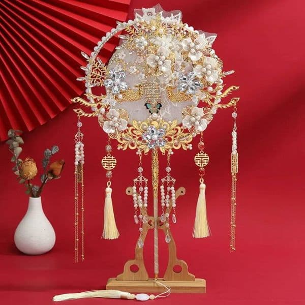 Antique Style Bride Group Handmade Flower Desig Show with Tassel Long Handle Decorative Fan For Chinese Wedding ddmynov