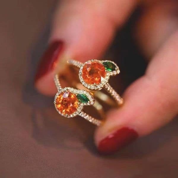 Hot Sale Inlaid Luxury Imitation Natural Orange Diamond Fenda Stone Open Ring for Women, Fresh and Light Luxury Style, Versatile Fashion Jewelry