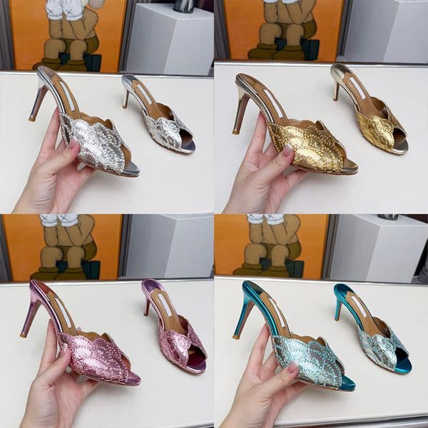 Women Sequins Sandal Slingback High Heels Dress Shoes Pumps Designer Evening Party 8cm 10cm 1021