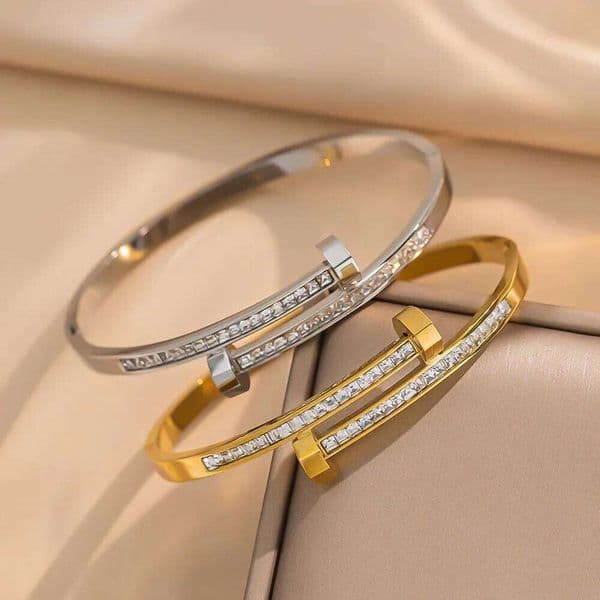 Geometric Nail Cuff Bracelet, Micro-Paved Zircon on Titanium Steel, Contemporary Women's Jewelry, Bold Yet Refined Accessory Z260123