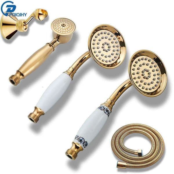 Golden Handshower Ceramic Handheld Brass Bracket 150cm Shower Hose Faucet Head Accessory for Bathroom 26Y0123