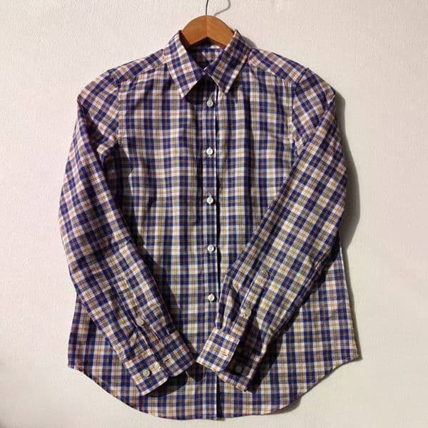 Womens Color Block Fashion Vintage Turn-down Collar Royal Blue Cotton Plaid Shirt Trendy Z260528