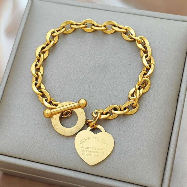 Europea ad America INS Heart Stailess Jewelry Persoality Versatile Had Accessories OT Buckle Tredy Titaium Steel Bracelet for