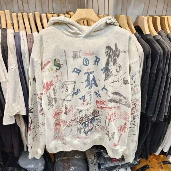 Saint Vintage Men Hoodie Distressed Design Graffiti Art Autumn Winter Warm Hooded Sweatshirt Casual Streetwear Luanyun