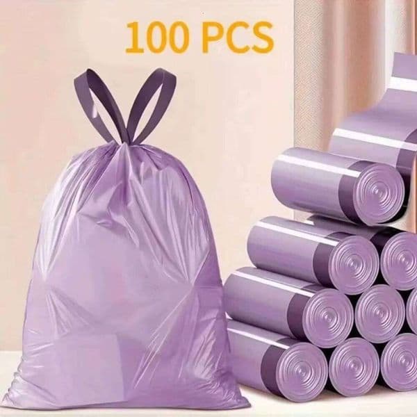 100pcs Portable Household Trash Bags with Drawstring, Party Purple, Strong & Leakproof for Easy Disposal 26W0123