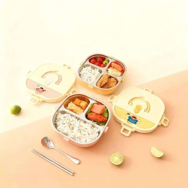 WORTHBUY 3/4 Grids Portable Square Divided Bento Box With Tableware Sealed Microwave 304 Stainless Steel Lunch Container 26H0123