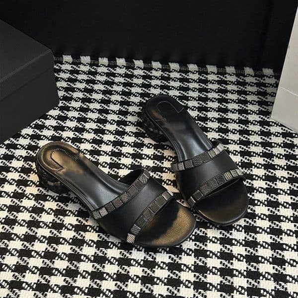 Designer Rivets Sandals Women High Heel Slipper Square Heel Leather 3cm Summer Shoes 1012