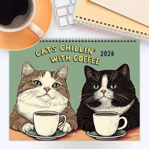 2026 Cats Relaxing with Funny Calendar, Wall Gift for Cat Lovers, Coffee Calendar 26Y0123