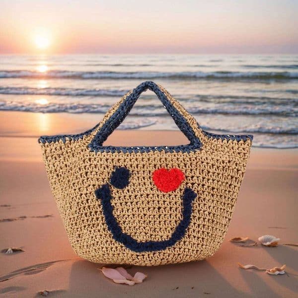 New Basket Straw Woven Handbag Cute Smiling Face Bucket Knitted Bag Summer Beach Top-Handle Totes Ladies Travel Shopping Purse