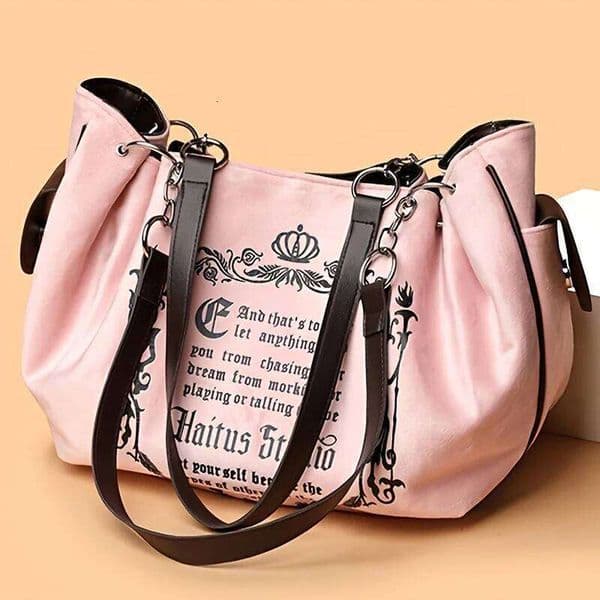 Letter Print Faux Suede Women Handbag Shoulder Bag, Retro Large Capacity Tote for Daily Commuting and Hand-Carry.Pumpkin Bag