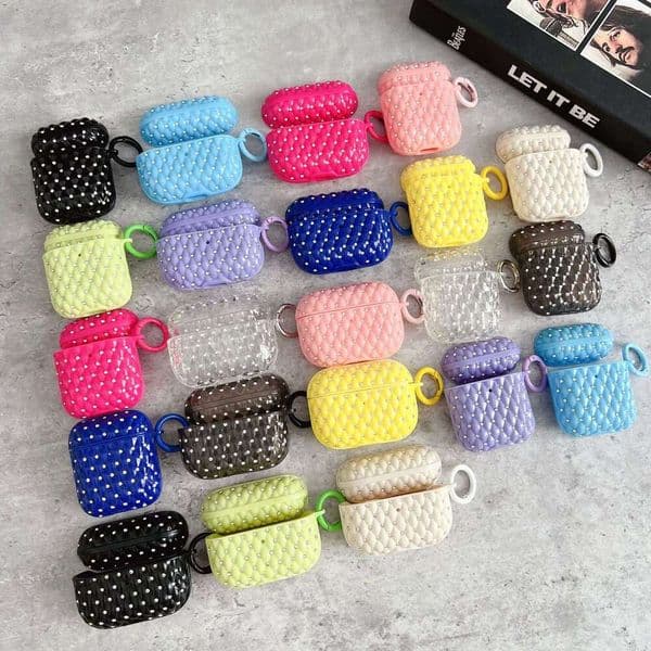 Quilted Studded AirPods Case Soft Silicone Protective Cover with Keychain Loop for Apple AirPods 1/2/Pro/Pro 2