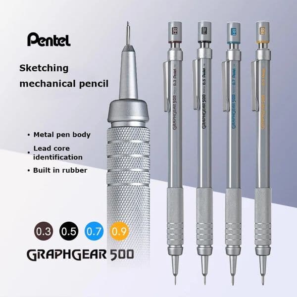 Pentel Graphgear 500 Drafting Mechanical Pencil Japan Stationery 03/05/07/09MM Drawing Automatic Pencil Build-in Eraser 260121