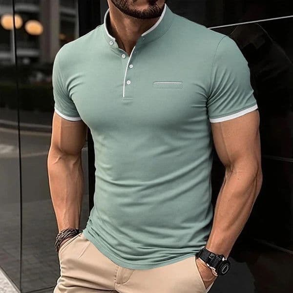 2025 Mens Casual and Fashionable Solid Color Short Sleeved Stand Up Collar T-shirt Summer Versatile and Comfortable Top 260120BJ