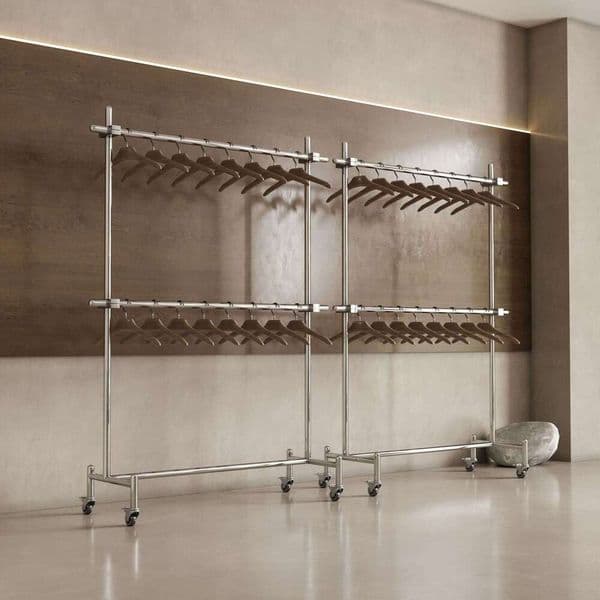 Stainless Steel Rolling Clothing Display Rack Adjustable Mobile Garment Hanger with Wheels for Men Women Clothes Store Floor - Standing Middle Island Shelf