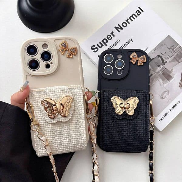 Cartoon Butterfly Crossbody Wallet Card Bag Phone Case for IPhone 16E 17 Air 16 Plus 15 14 13 12 11 Pro Max XS Protective Cover