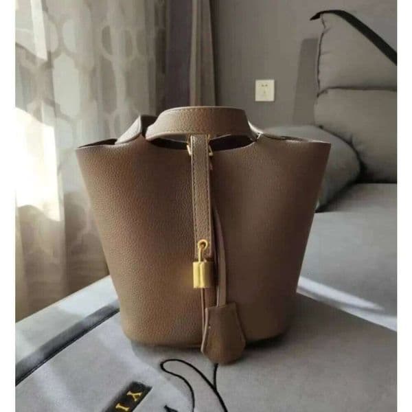 Women's Beige Textured Bucket Bag with Inner Pouch, Top Handle Drawstring Closure, Stylish Tote for Daily Use & Shopping