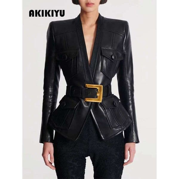 Newest 2026 Jacket Women's Belt Slim Fitting Button Pocket Decoration Artificial Leather Blazer AKIKIYU