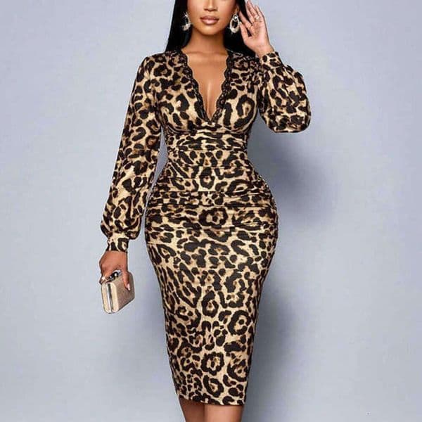 Dresses Woman Leopard Print Long Sleeve Split V-Neck Elegant Independent Stand Bestselling Mid-Length Dress Clothing Ladies Knee-Length