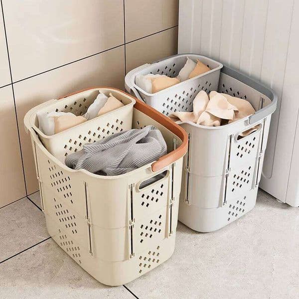 Collapsible Plastic with Handles and Side Containers - Space-Saving Basket for Laundry Rooms, Bathrooms, 26Y0126