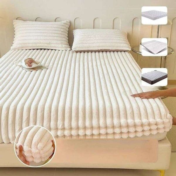Solid-color Rabbit Fur Plush Strip Mattress Protection Thick Warm Elastic Fitting Cover for Single Double Bed 26W0126