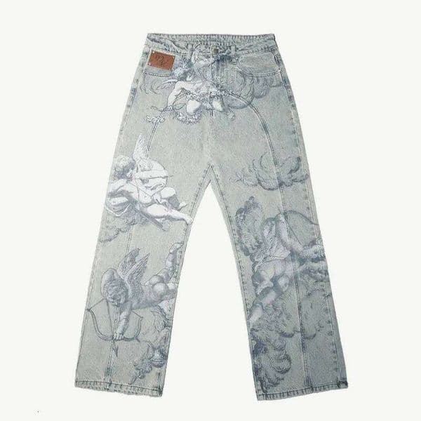 Y2k Retro Baggy Trendy Cupid Angel Pattern Men Women Pants American Hip Hop Streetwear Unisex Casual Straight Leg Jeans C260126