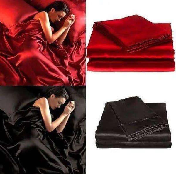 95gsm 4 Pce Satin Silky Soft QUEEN Fitted Bed Sheet Set - RED BLACK 10 26W0126