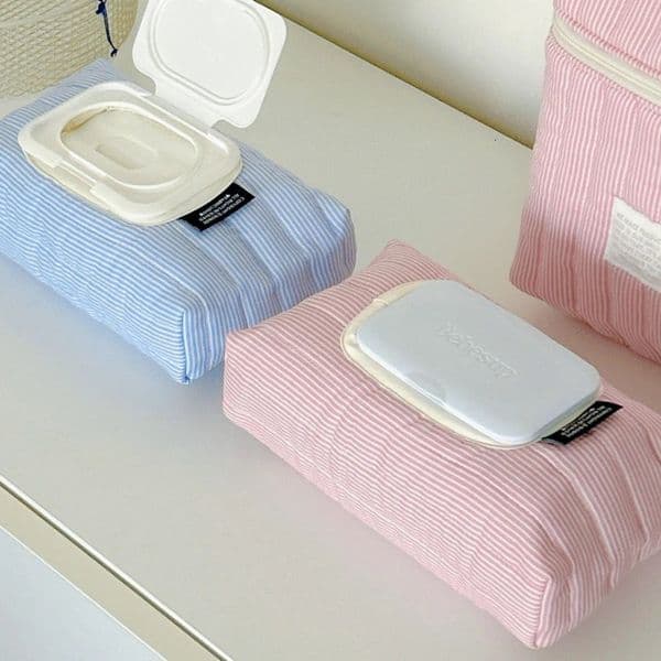 Ins Style Korean Striped Quilted Wet Tissue Case Car Tissue Box Home Organizer Pull Out Tissue Bag Wet Wipe Pouch Essential 260120