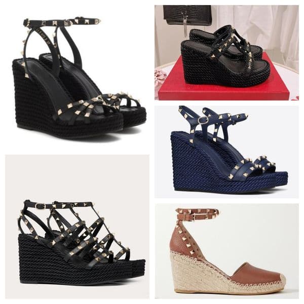 luxury rock women Wedge sandals stud rivet calfskin open-toe high heels thick sole straw weaving high sandal fashion lady Evening shoes dress shoes size 34-43