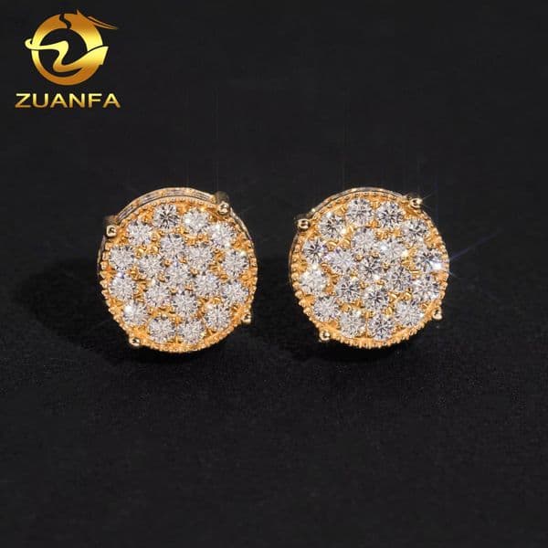 10mm Trendy 10K Solid Gold Screw Back Ear Studs Iced Out Diamond Hip Hop Jewelry VVS Moissanite Cluster Stud Earrings