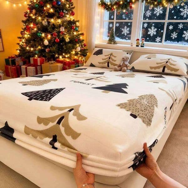 Christmas Thick Coral Fleece Fitted Bed Sheet Fluffy Plush Mattress Cover Winter Warm Design for Single Queen Size Home Decor 26W0126