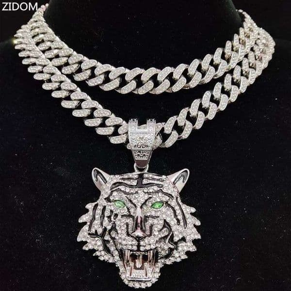 Hip Hop 3D Tiger Pendant Necklace with 13mm Crystal Cuban Chain HipHop Iced Out Bling Necklaces Men Women Fashion Charm Jewelry 26H0126