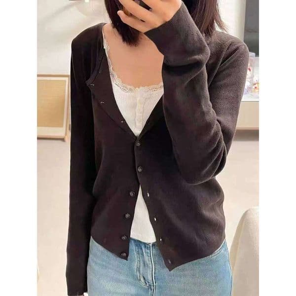Brown Eyelet Knitted Cardigan Women Autumn New Casual Cotton Long Sleeve Sweater Coat Female Vintage Simple Basic Sweaters Tops H260126