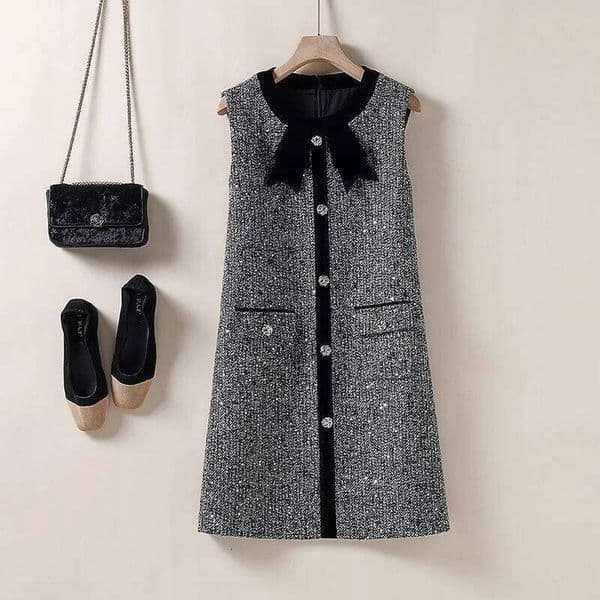 Autumn Luxury Sequin Tweed Women Elegant Bow Patchwork A-Line Dresses Sleeveless Single Breasted Vest Dress 507P MDNG260126