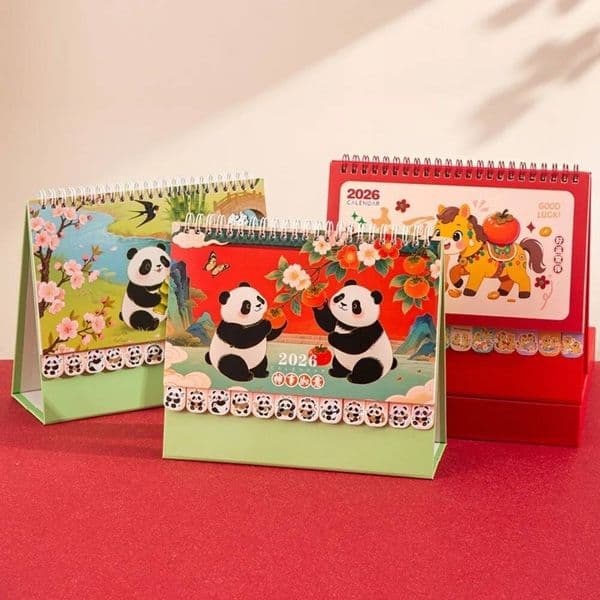 Chinese Style 2026 Desk Coil Binding Cartoon Horse Year Calendar Horse/Panda Month Date Display Standing Flip Calenda