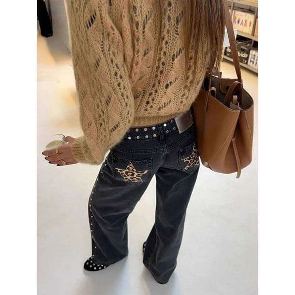 HOUZHOU Y2k Black Vintage Leopard Star Patchwork Women Jeans Punk Rivet American Style Straight Denim Trousers Baggy High Street C260126