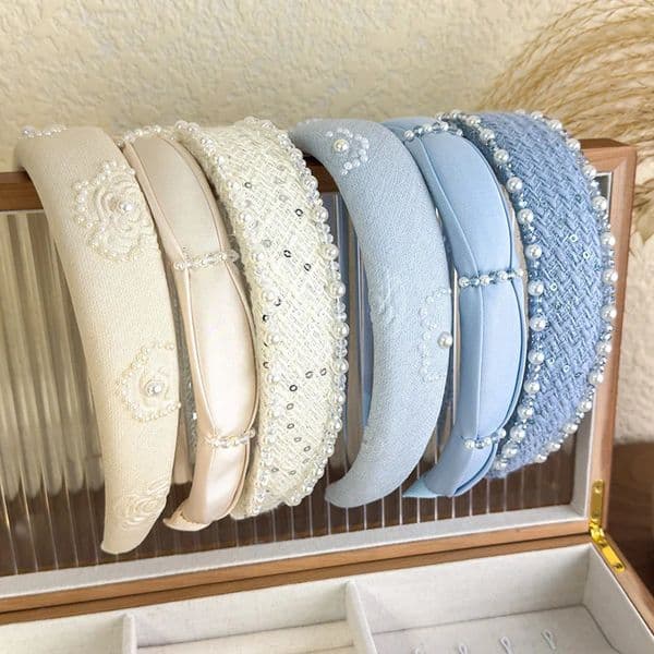 Retro Rose Print Pearl Crystal Headband Women Elegant Hair Band Girl Sweet Beige Blue Hair Hoop Lady Party Hair Accessories 260126BJ