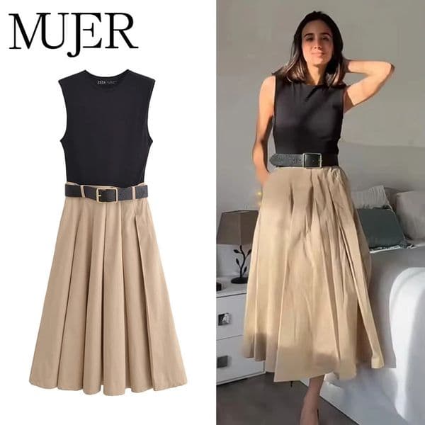 MUJER 2025 Woman Dresses Belt Pleated Midi Dres Sleeveless Summer Dress Knitted Party for Women Sundress 260120