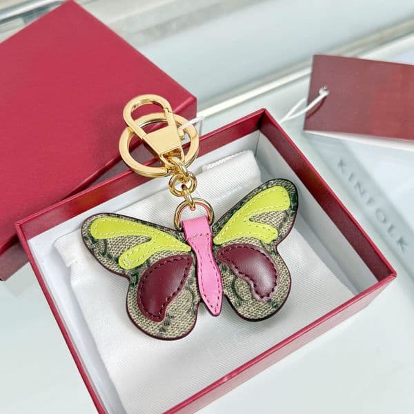 Vintage Pattern Butterfly Keychain With Multicolor Leather Accents And Gold Tone Hardware Stylish Daily Bag Charm Gift For Her