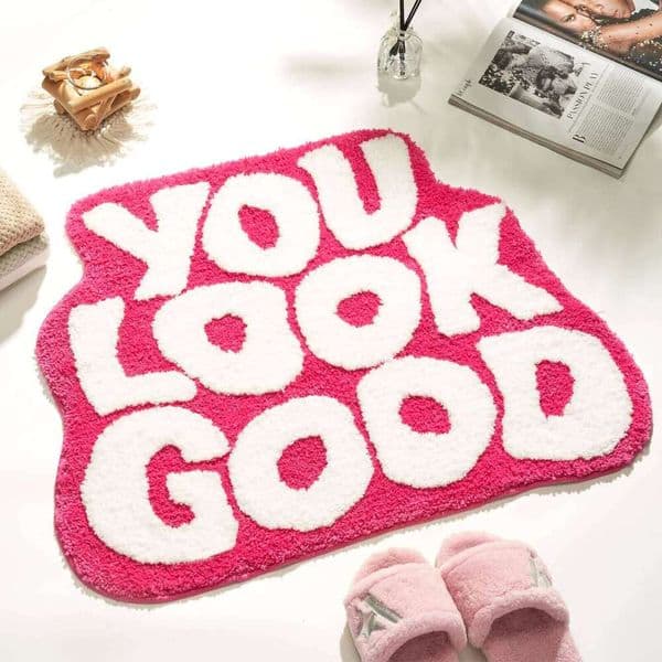 VIKAMA You Look Good Bath Mat Pink, Cute Rugs for Girls Fun Funny Funky Rug Bedroom Pink Preppy Bathroom Decor Hello 26W0127