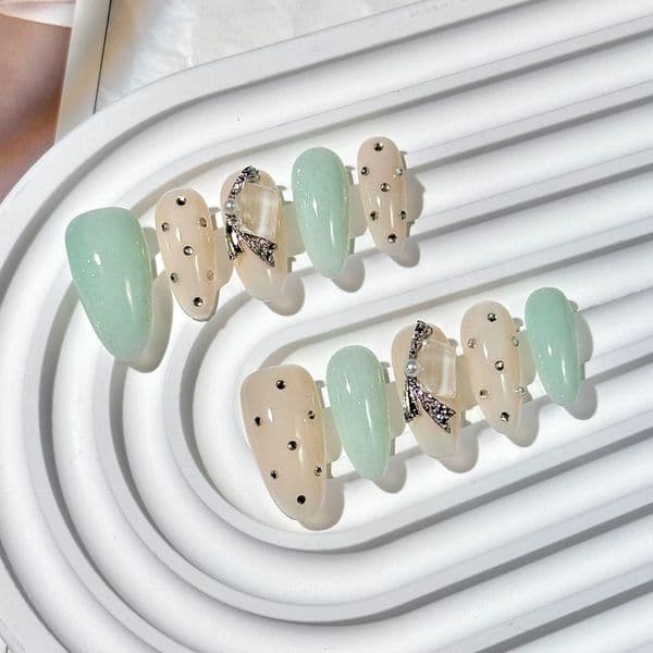 premium quality handpainted mint nail stickers featuring chic spotted pattern