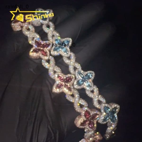 Hot Sale Popular Shining Hip Hop 925 Silver Pink Blue Marquise Infinity Cuban Link Moissanite Bracelet